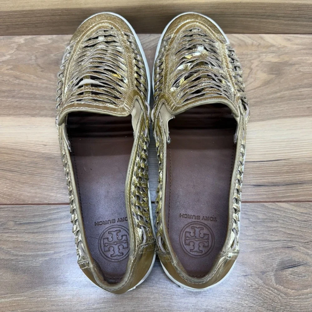 Tory Burch Huarache Sneakers Womens 10.5 Gold Weave Woven Leather